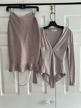 House of CB Dusty Mauve Long Sleeve V-Neck Bodysuit & Skirt Set